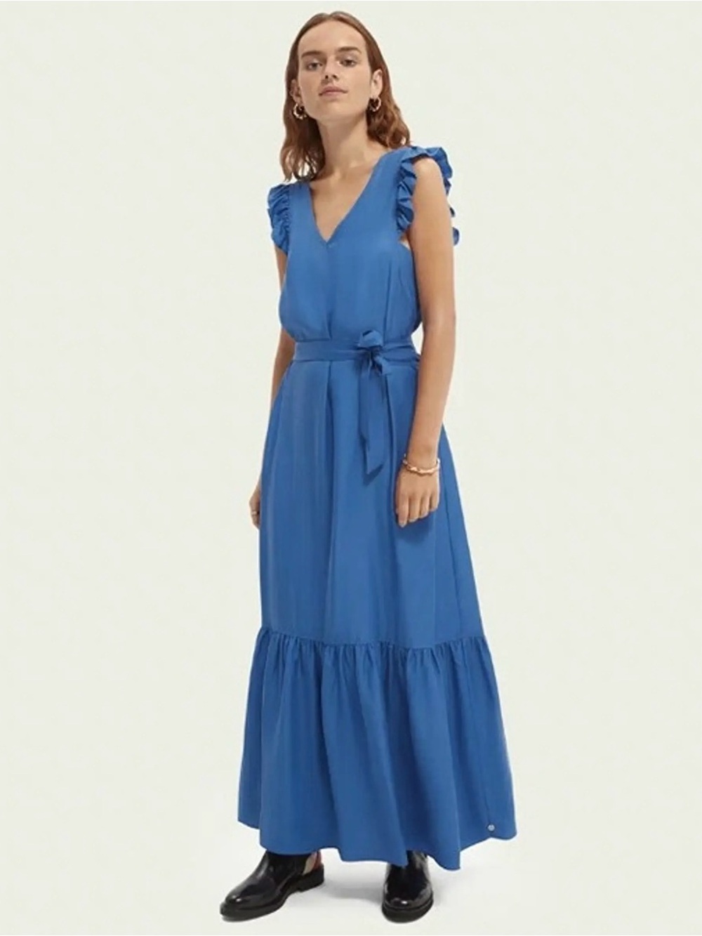 Scotch & Soda Dress Womens Blue Maxi Ruffle Strap Tie Back Tiered Hem Medium